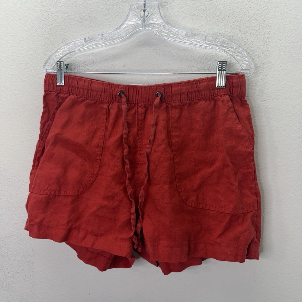 C&C California Women L Shorts Red Orange 100% Linen Coastal Beach Drawstring